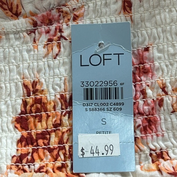 LOFT White Ruffle & Smocked Dress with Orange and Pink Floral Print Size SP - Picture 12 of 13